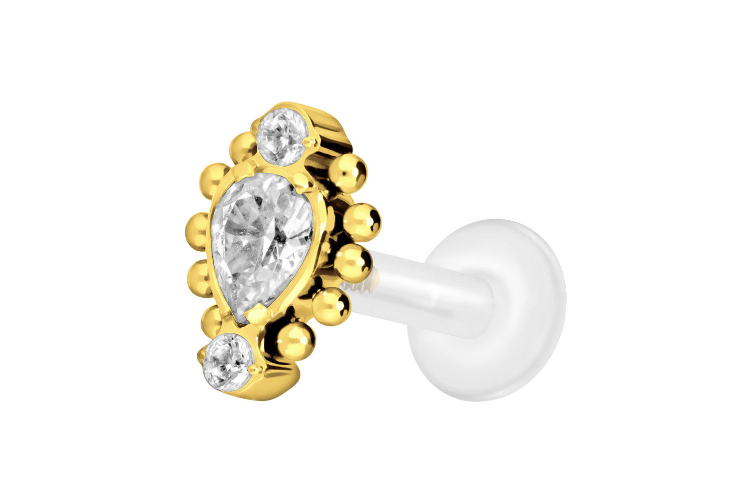 PTFE Labret Piercing mit Innengewinde + Titan-Aufsatz 3 EINGEFASSTE KRISTALLE + KUGELN